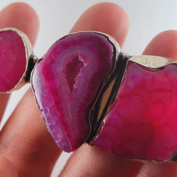 Pink Agate Geode Pendant Sterling Silver 2.75" Triple Druzy Statement - Picture 7 of 10